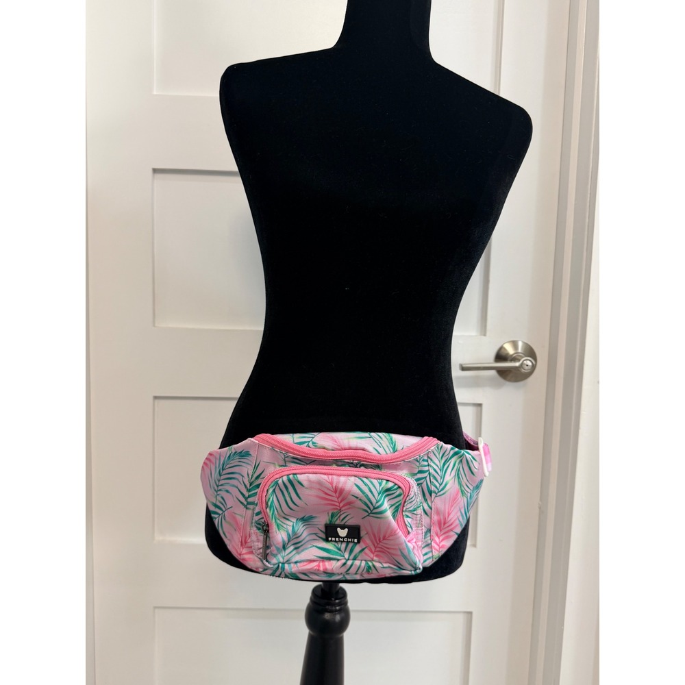 Frenchie Tropical Palm Leaf Fanny Pack Pink Green Canvas Waist Bag Adjustable
